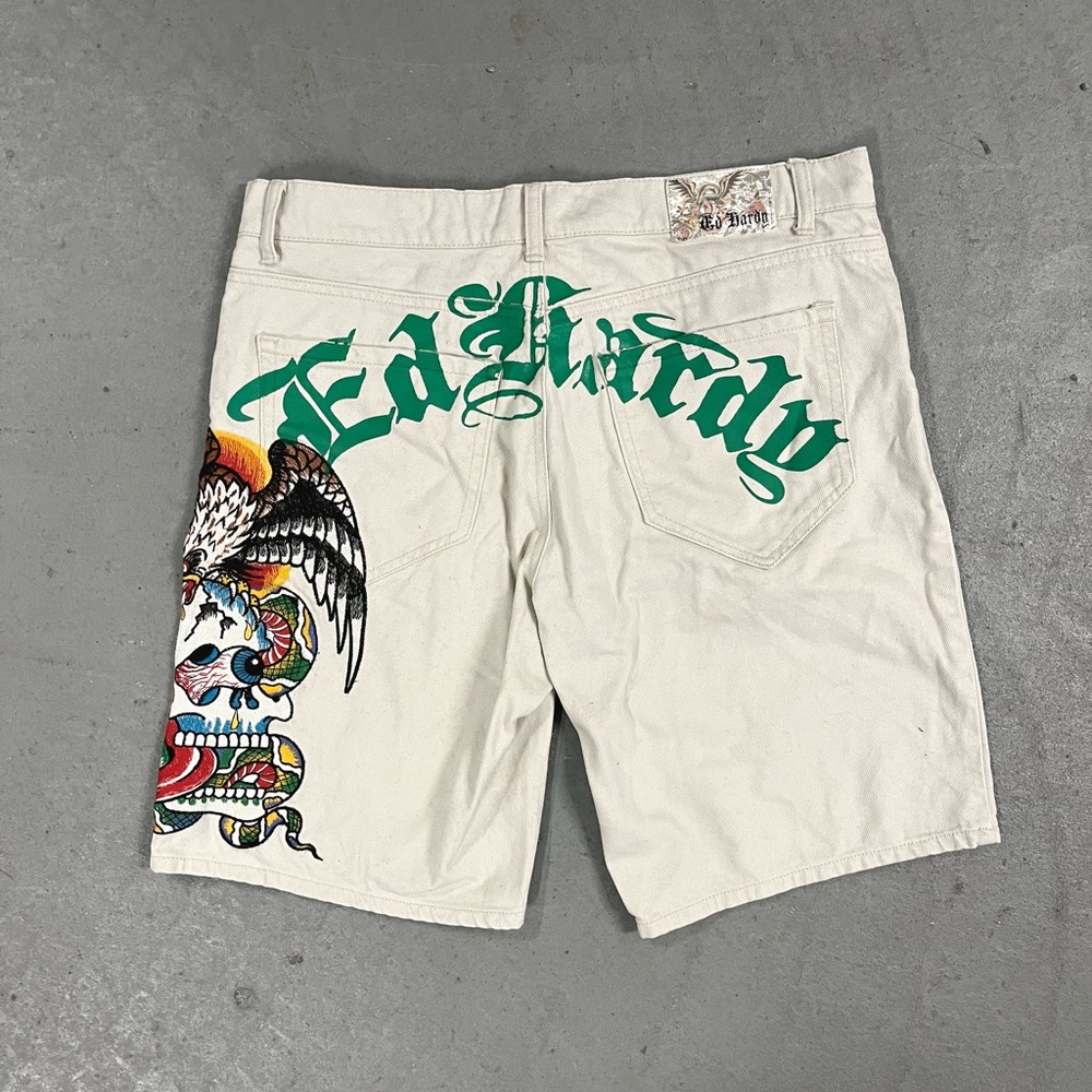 Ed Hardy White Shorts with Green Logo and Multicolor Skull Graphic